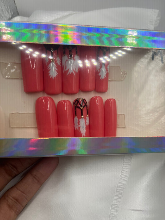 CUSTOM Pink tribal feathers press on nails